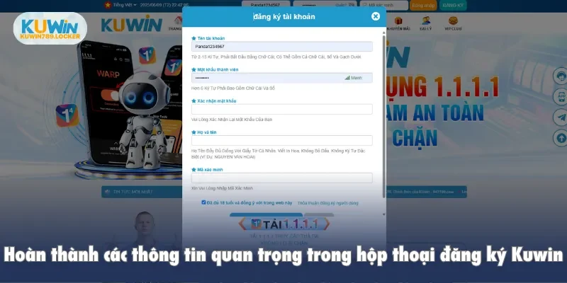 Hoàn thành các thông tin quan trọng trong hộp thoại đăng ký Kuwin